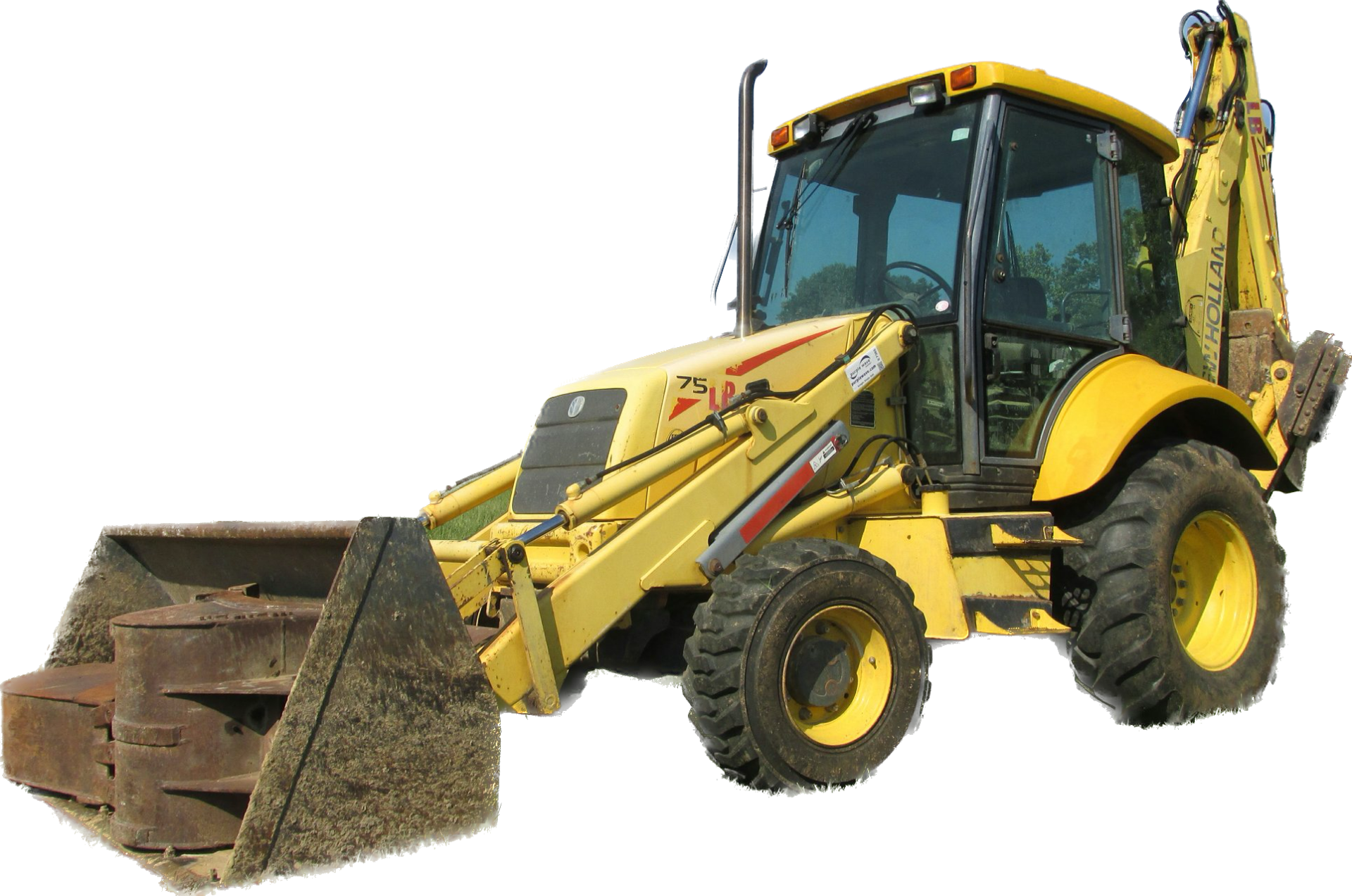 A yellow tractor with a large bucket on a white background
