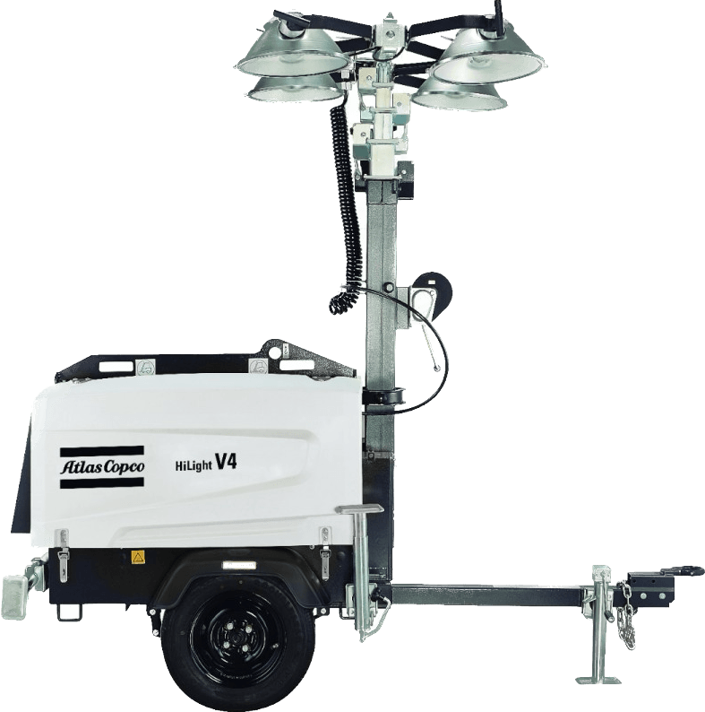 A white atlas spec trailer with a light tower attached to it
