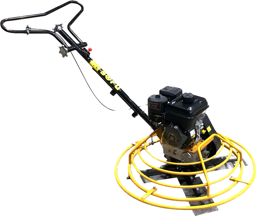 A concrete trowel with a yellow handle and a black engine on a white background.