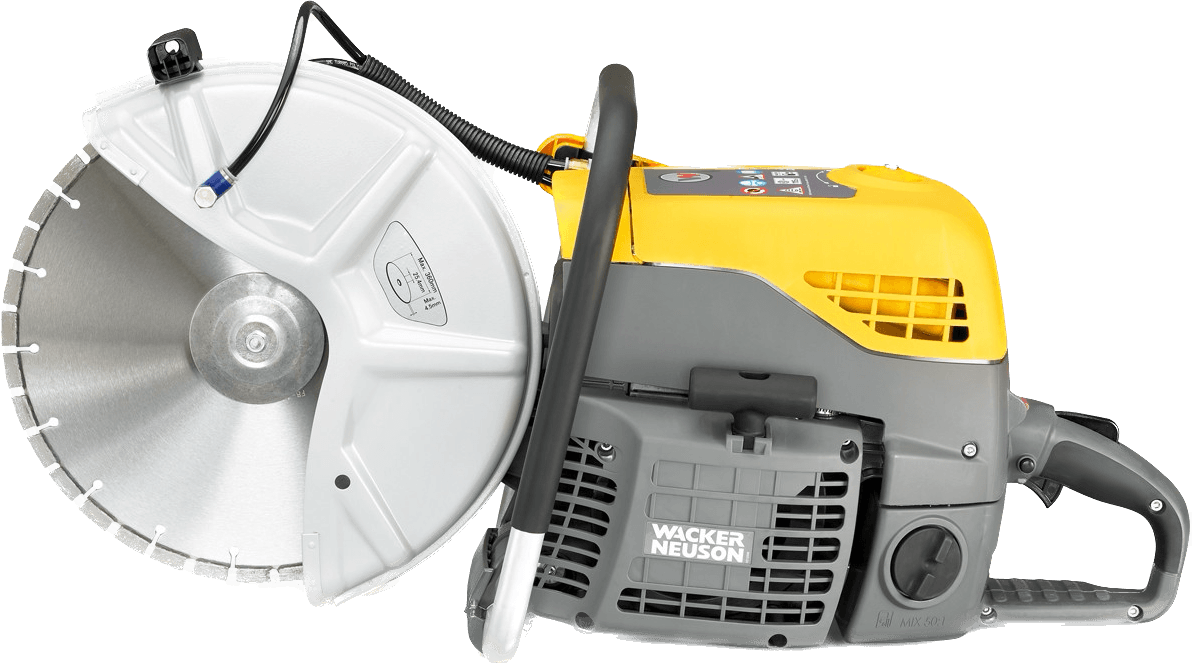 A yellow and gray chainsaw with a circular saw blade attached to it.