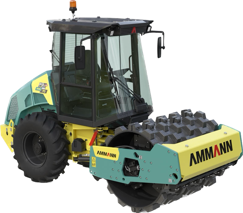 A yellow and green ammann tractor on a white background