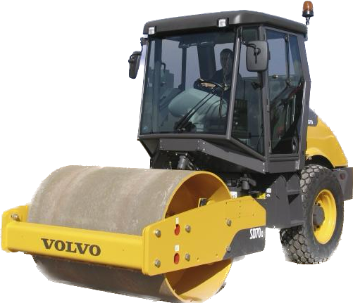 A yellow and black volvo roller on a white background
