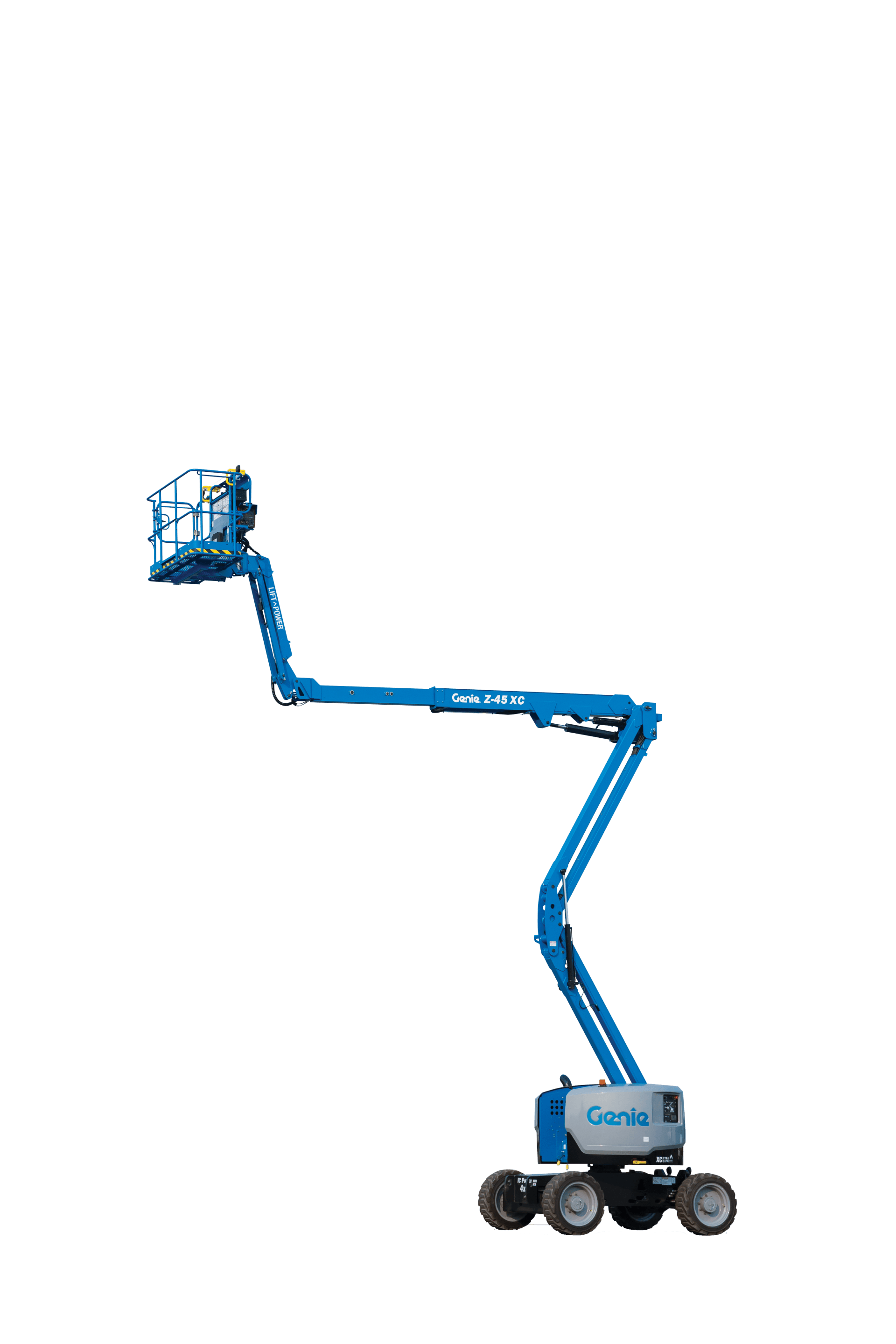 A blue aerial lift with wheels on a white background.