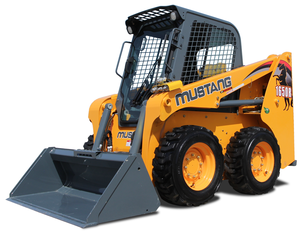 A mustang skid steer loader with a bucket on a white background.
