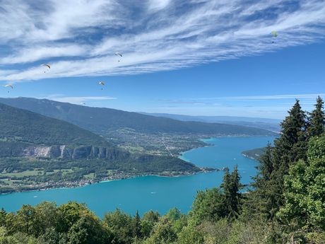 Une vue sur un lac entouré de montagnes et d'arbres.