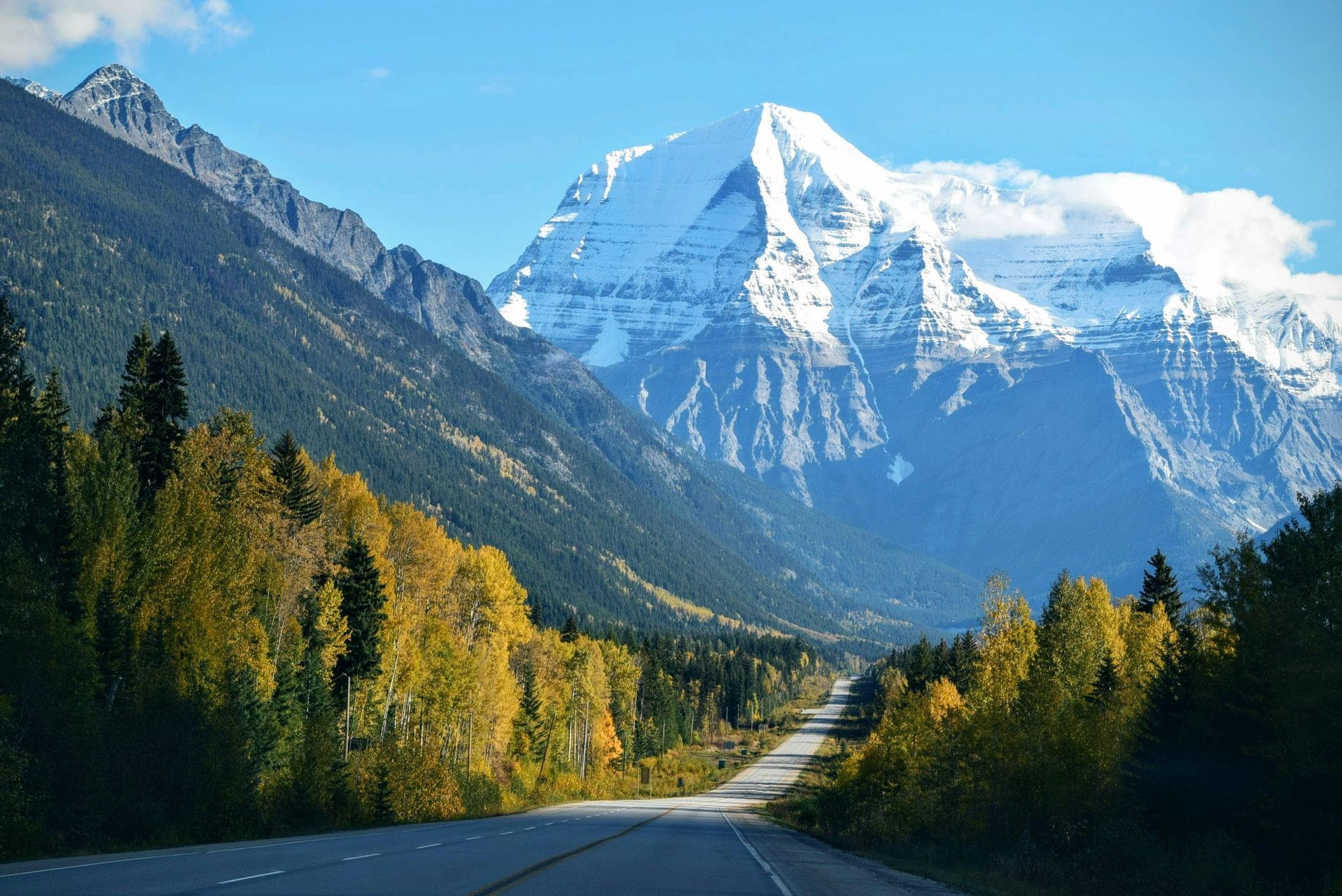 Une route avec une montagne en arrière-plan et des arbres sur le côté