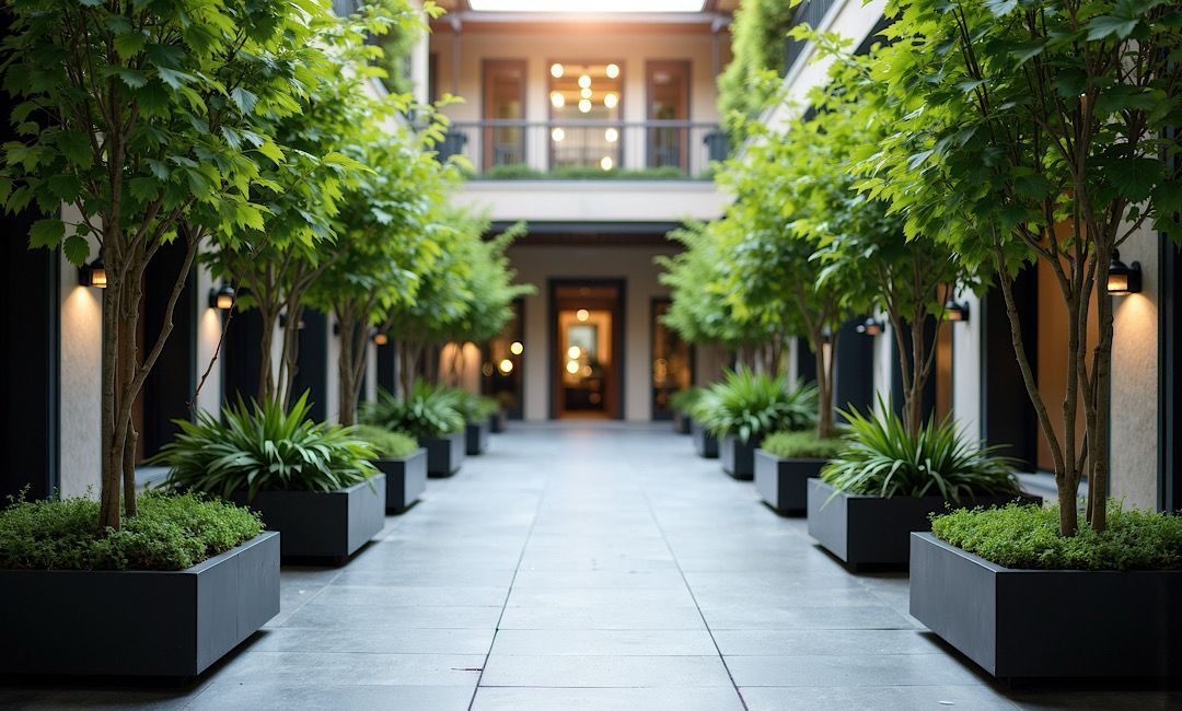 Modern courtyard walkway lined with potted trees, leading to a building entrance