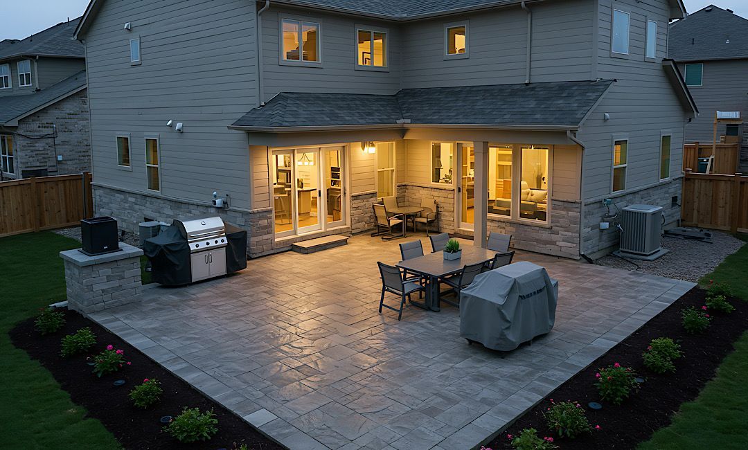Backyard patio at dusk with outdoor seating and warm lights glowing from a house interior
