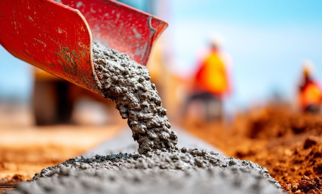 Red shovel pours wet concrete at a construction site with blurred workers in the background