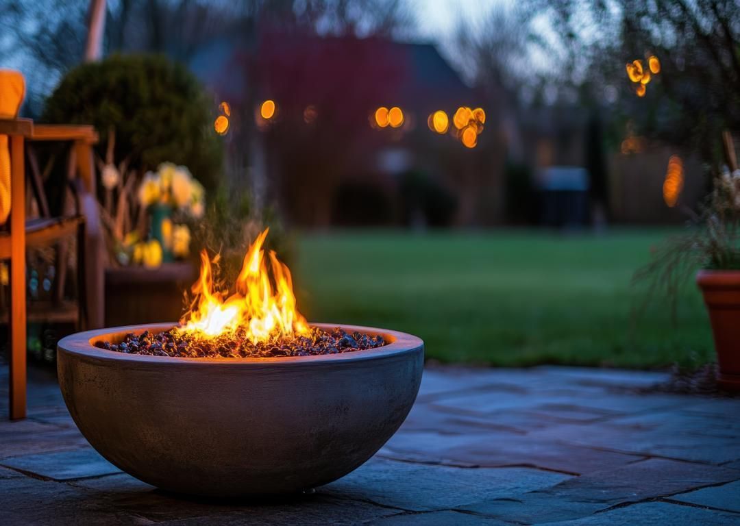 Lit fire pit bowl on a stone patio at dusk, with blurred garden lights in the background