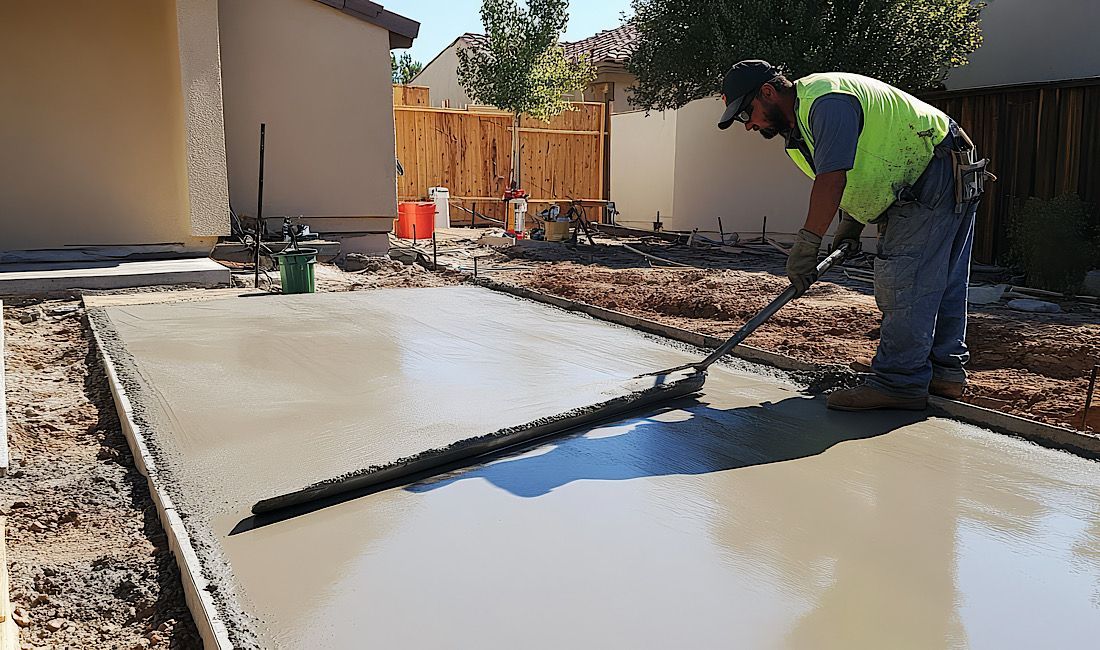 Concrete worker leveling concrete driveway in Denver, CO.