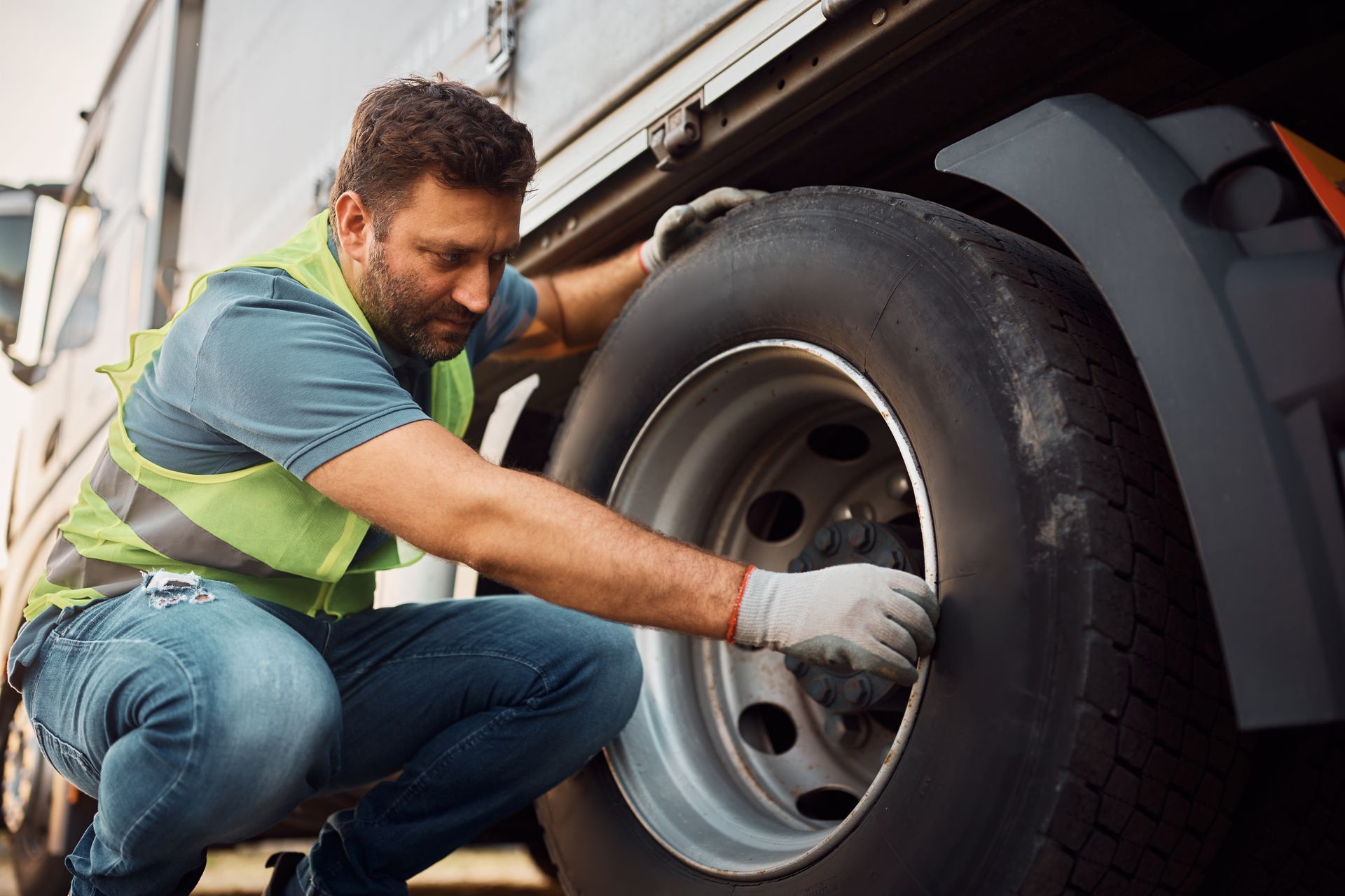 Man changing semi truck tire
