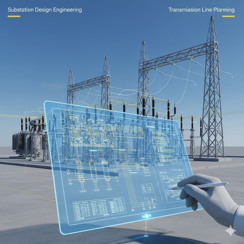 A person drawing electrical schematics on a transparent screen in front of a power substation.