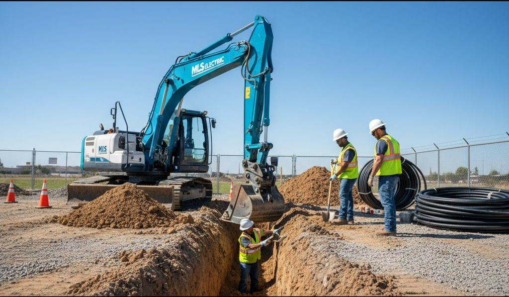 Construction site with excavator and workers digging a trench; blue machinery, sunny day.