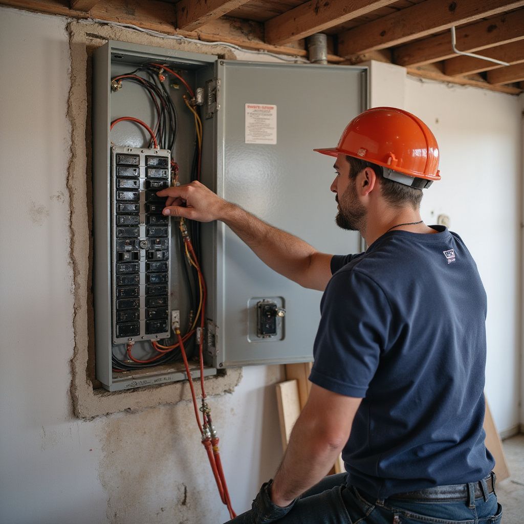 Electrician in an orange hardhat working on a circuit breaker panel.