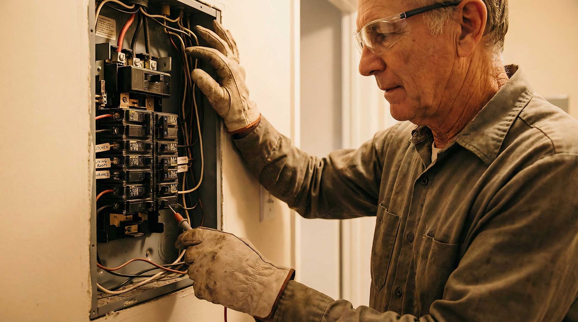 A professional residential electrician inspecting a home breaker panel with a voltage tester.
