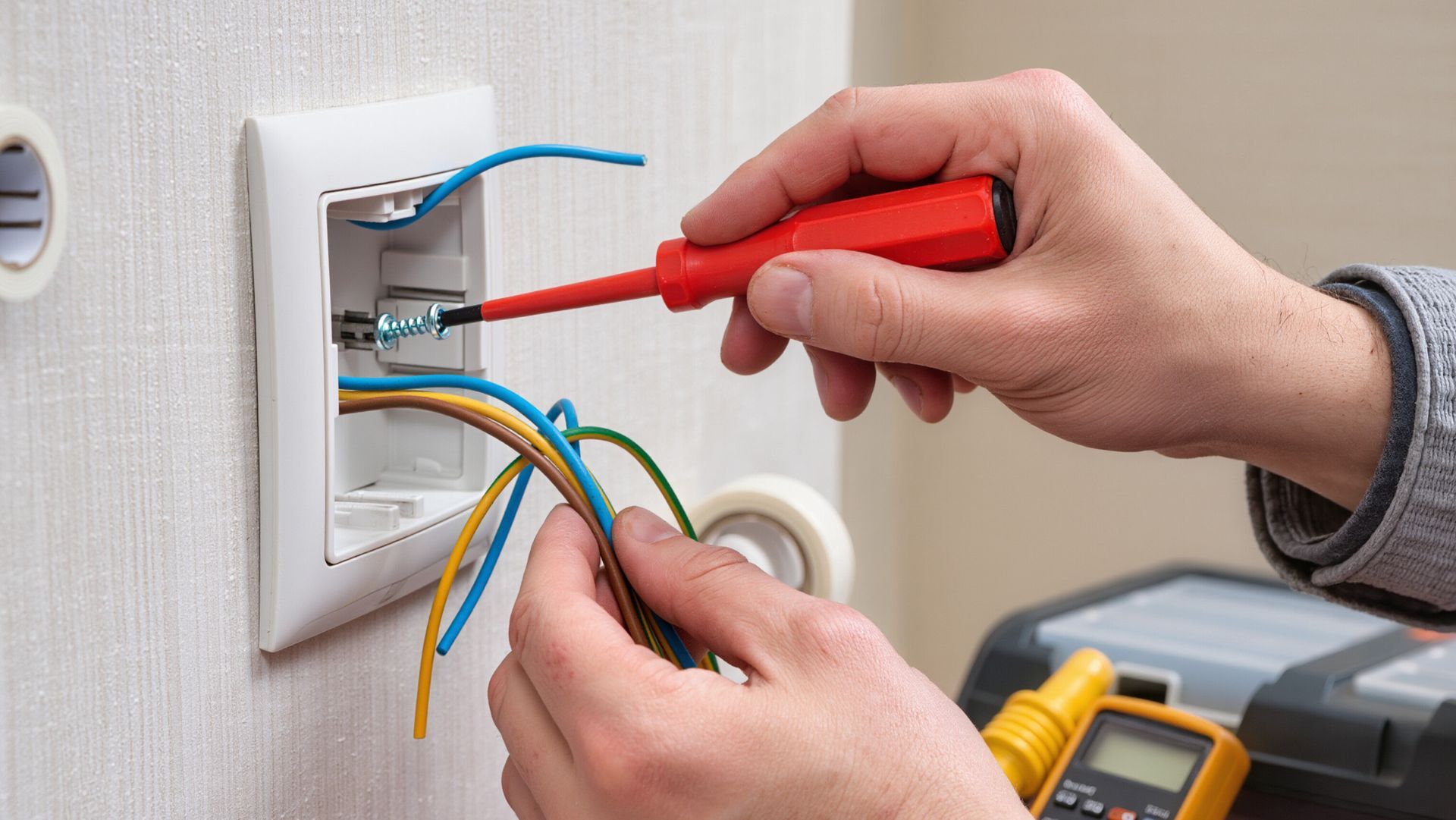 An electrician wiring a wall outlet using a screwdriver.