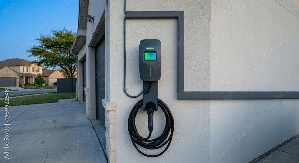 Wall-mounted electric vehicle charger with coiled cable beside a house exterior.