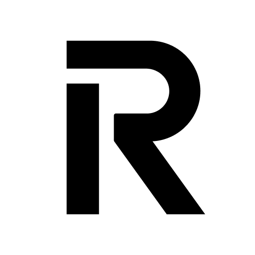 Een zwarte letter r op een witte achtergrond.