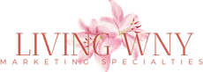 Living Living Marketing Specialties logo with pink flowers on a white background