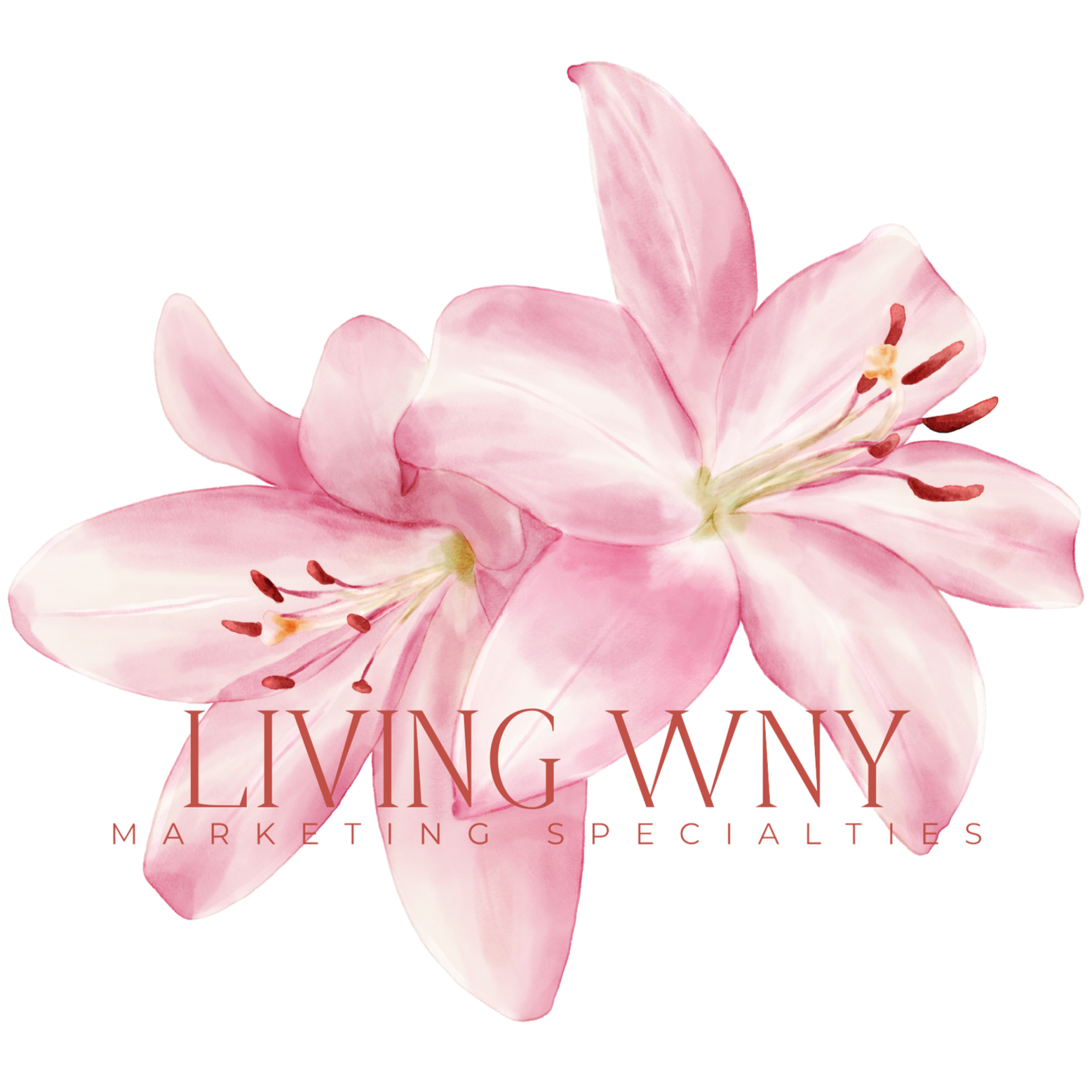 Pink lily logo with the text “Living WNY Marketing Specialists”
