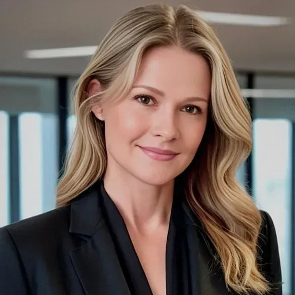 Portrait of a smiling blonde professional in a dark blazer against a blurred office background