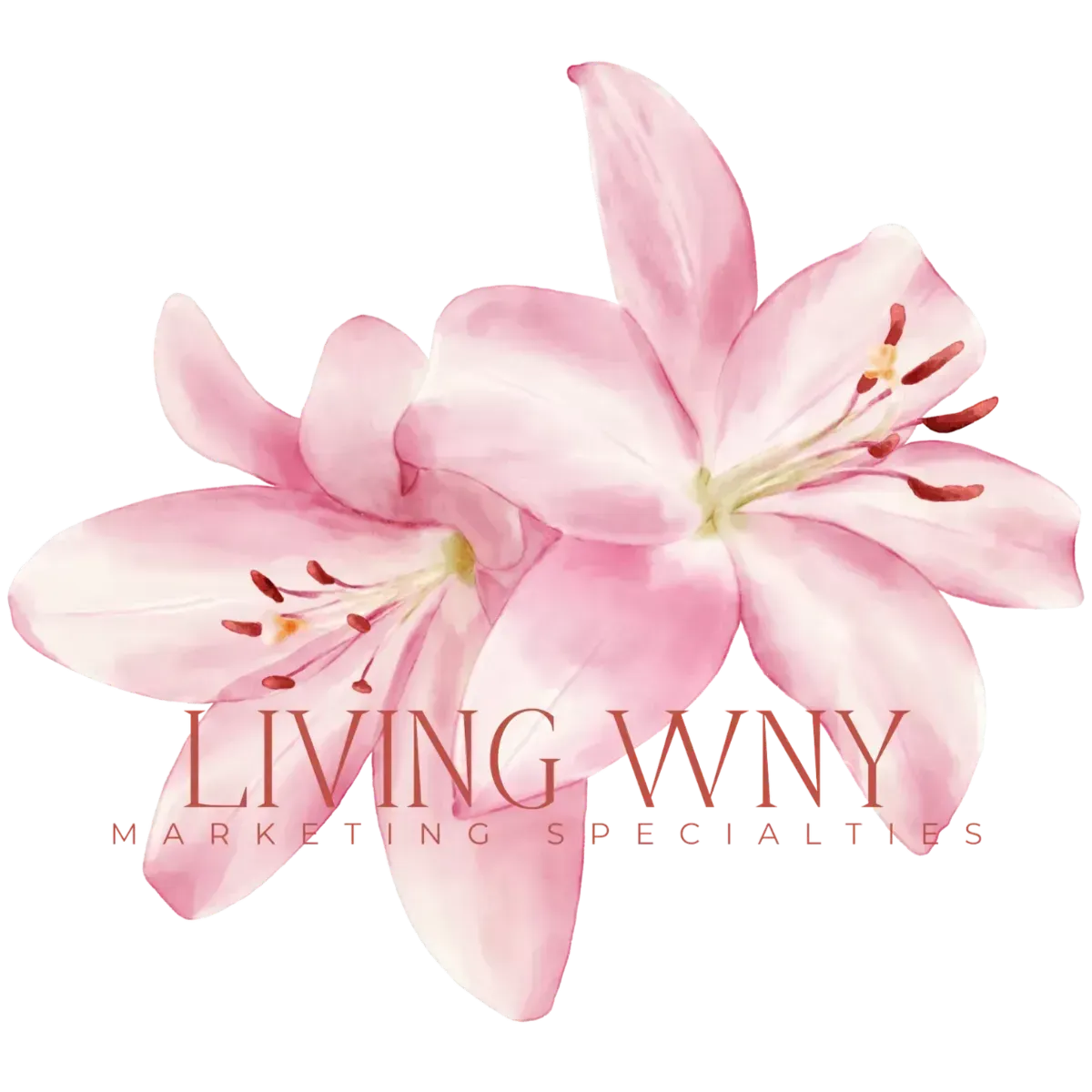 Pink lily logo with the text “Living WNY Marketing Specialists”