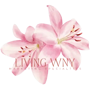 Pink lily logo with the text “Living WNY Marketing Specialists”