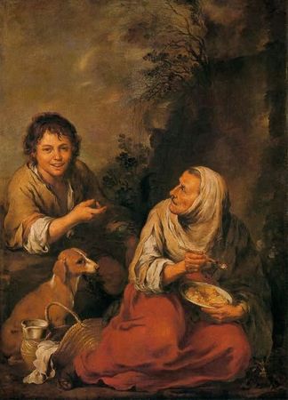 This is a painting of a young boy and a woman, she appears to be hoarding or hiding food.
