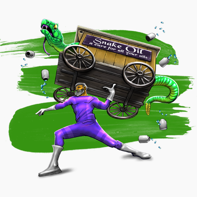 This is a graphic of a super hero figure throwing a wagon that has Snake Oil for sale.