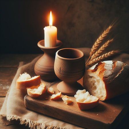 This is an image of Bread, wine and a lit candle.