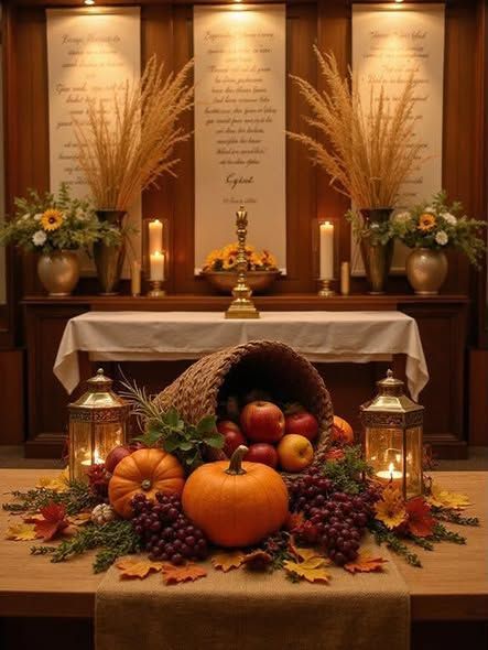 This is an image of an altar with a bounty of food in front of it.