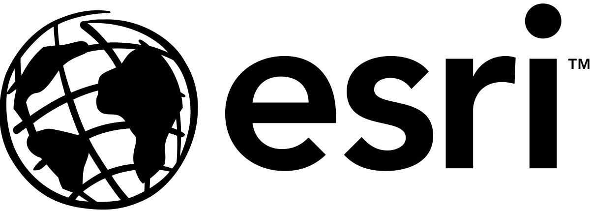 Un logotipo en blanco y negro para Esri con un globo terráqueo en el medio.