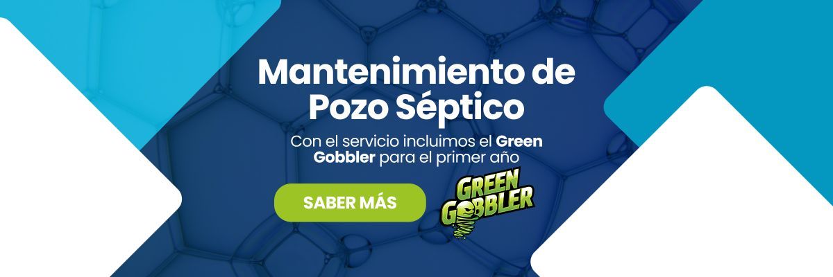 Una pancarta azul y blanca con un botón verde que dice mantenimiento de pozo séptico.