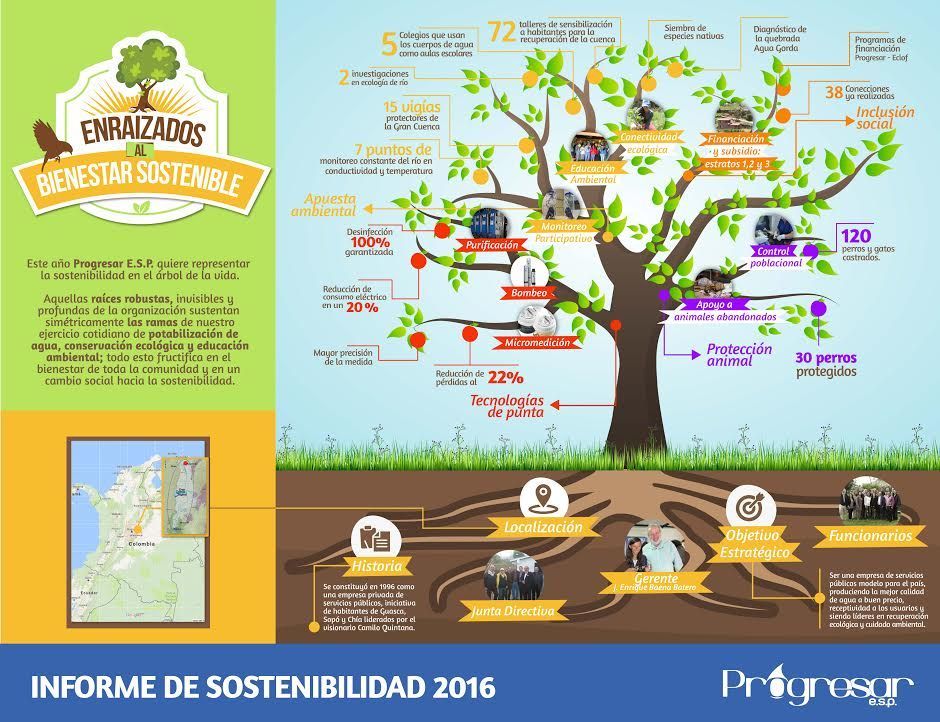 Un árbol con muchas hojas está en un cartel que dice informe de sostenibilidad 2016