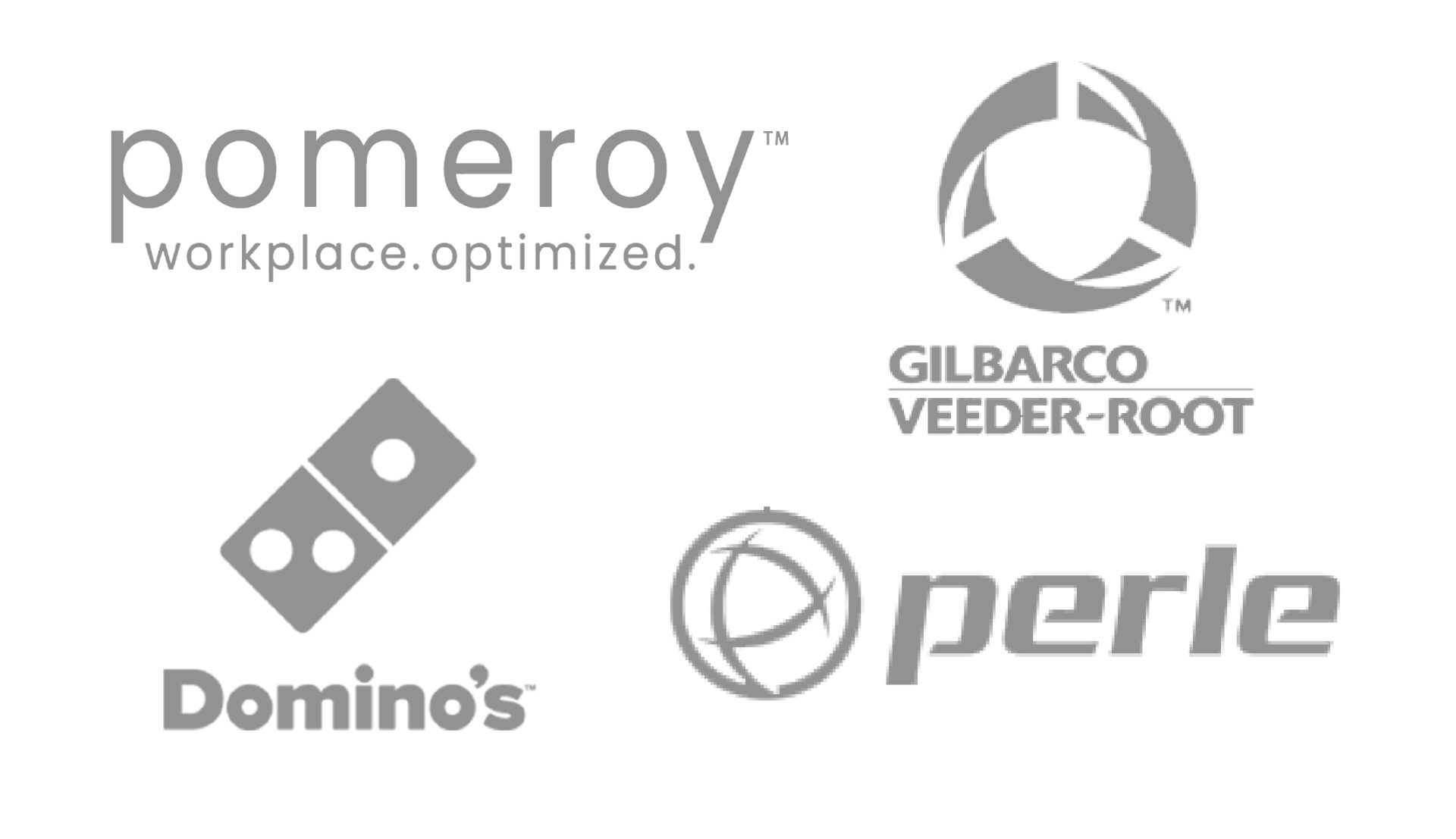 a group of logos on a white background including domino 's , pomeroy , gilbarco , and perle .