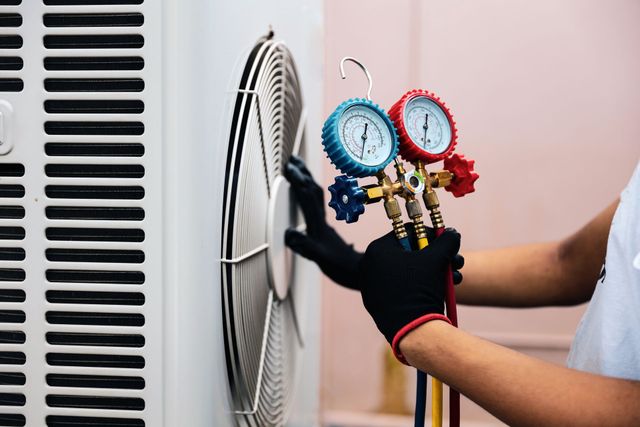 A technician in black gloves uses a manifold gauge set to service an air conditioning unit.