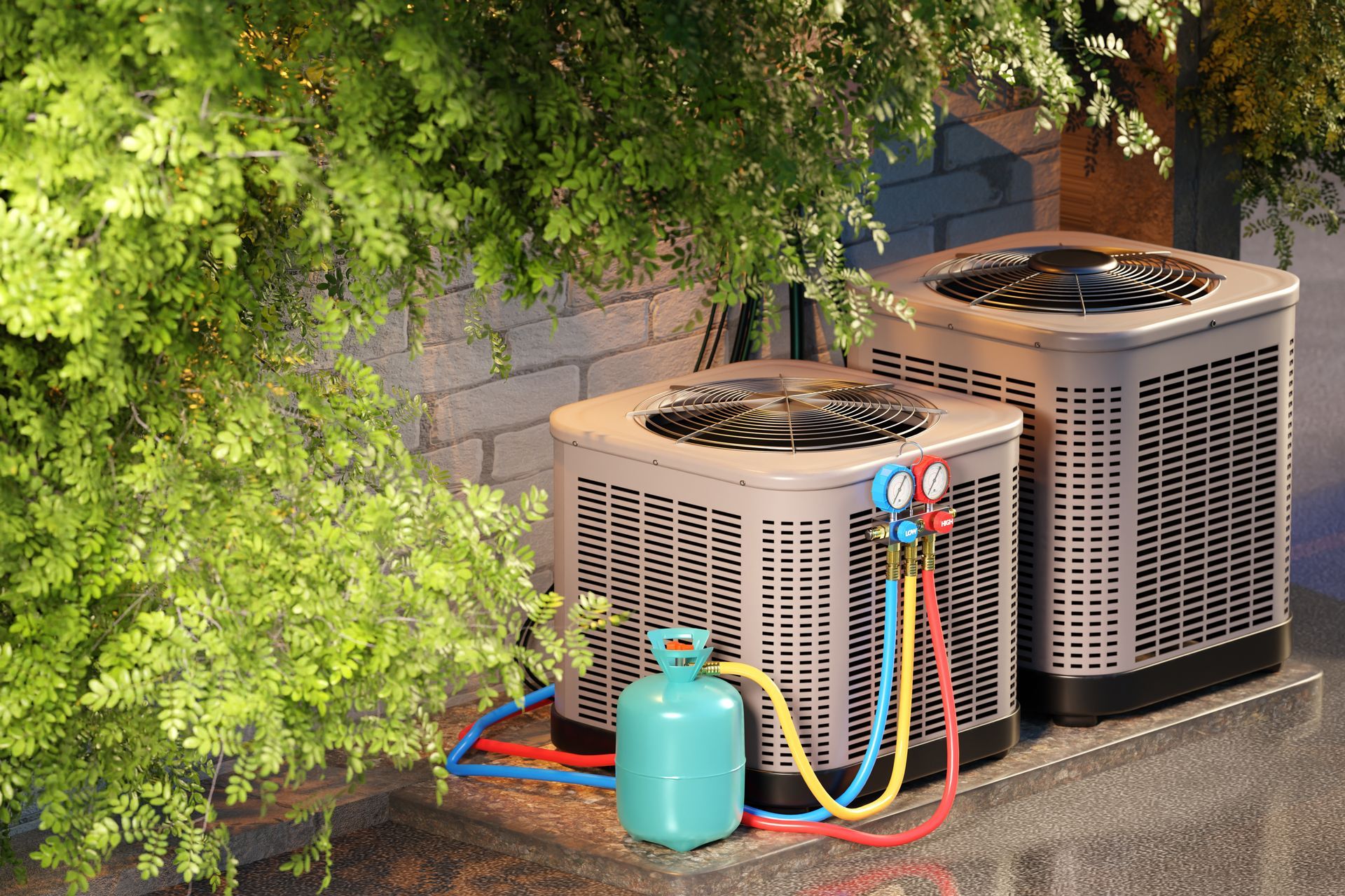 Two beige HVAC units sit on a concrete pad by a brick wall, with a small refrigerant tank connected by colorful hoses.