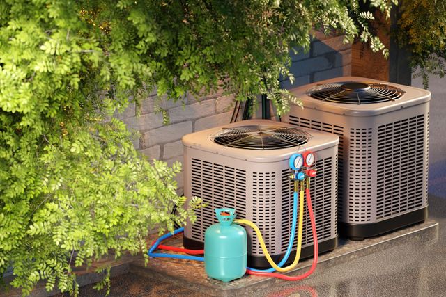 Two beige HVAC units sit on a concrete pad by a brick wall, with a small refrigerant tank connected by colorful hoses.
