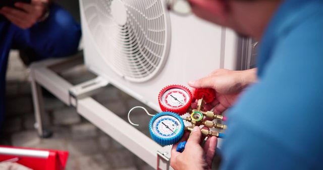 A technician holds a manifold gauge set while inspecting an outdoor air conditioning unit.