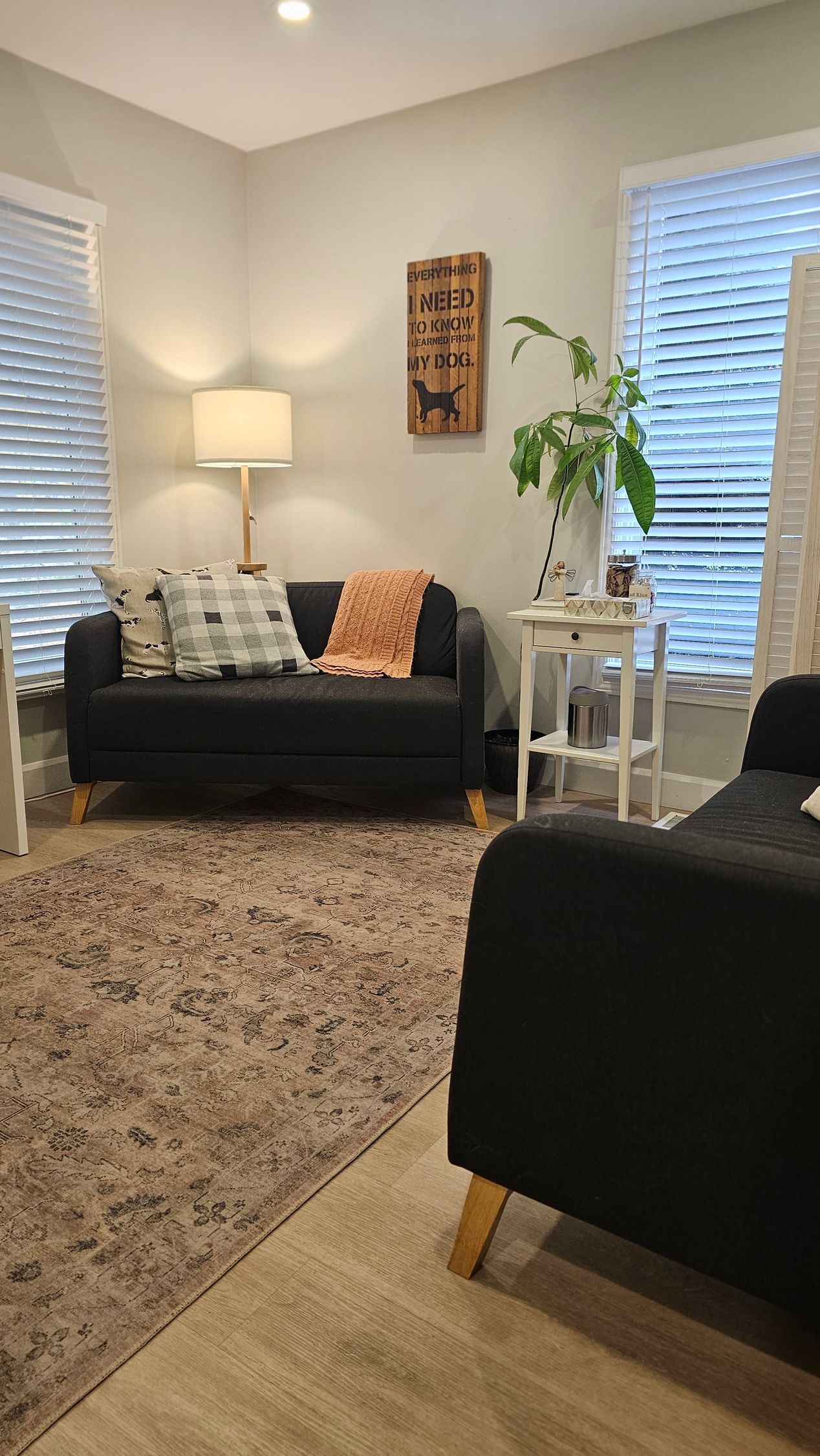 Cozy living room with black sofa, patterned rug, lamp, and small side table.