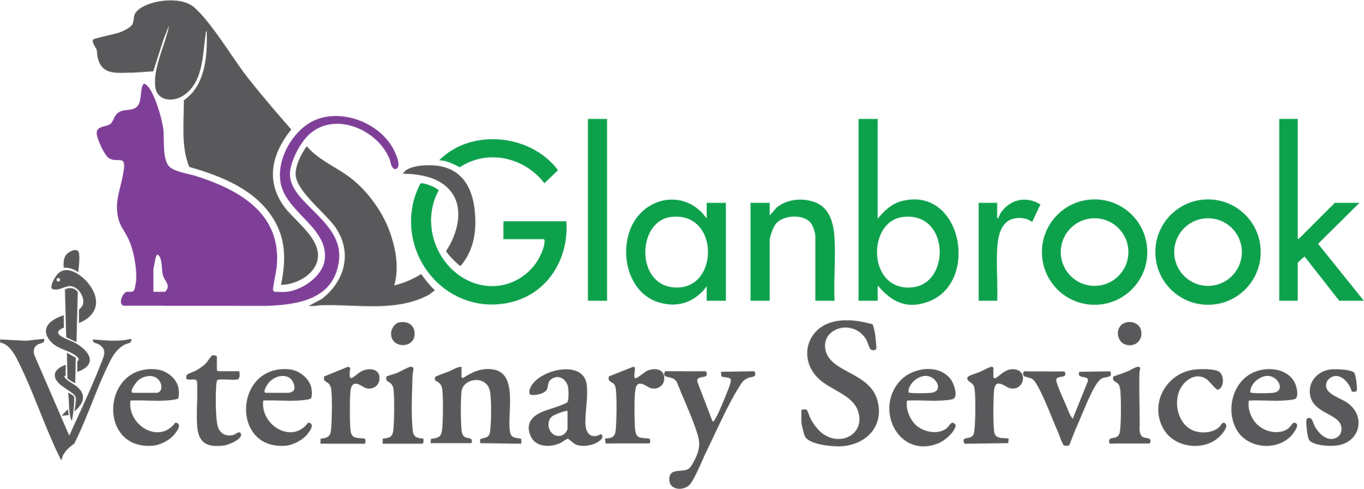 Logo for Glanbrook Veterinary Services: dog and cat silhouettes, green text, caduceus symbol.
