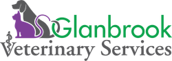 Logo for Glanbrook Veterinary Services: dog and cat silhouettes, green text, caduceus symbol.