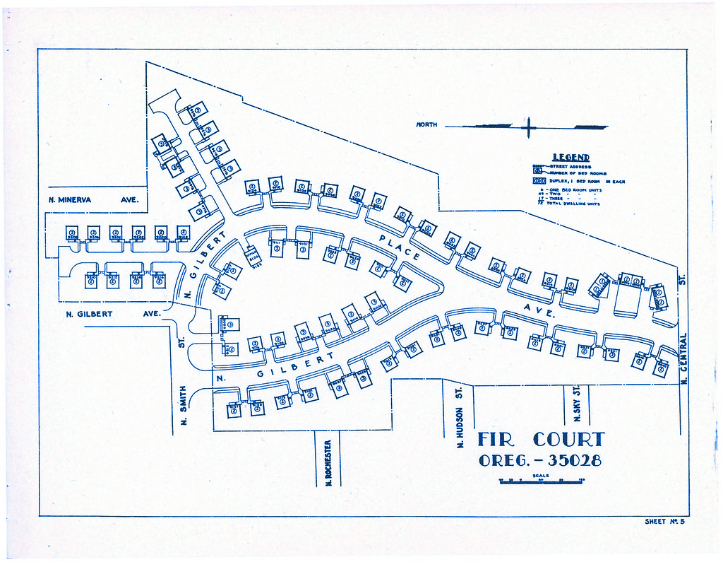 Blue-toned architectural drawing of Fir Court. Includes roads, homes, and a dotted boundary. 