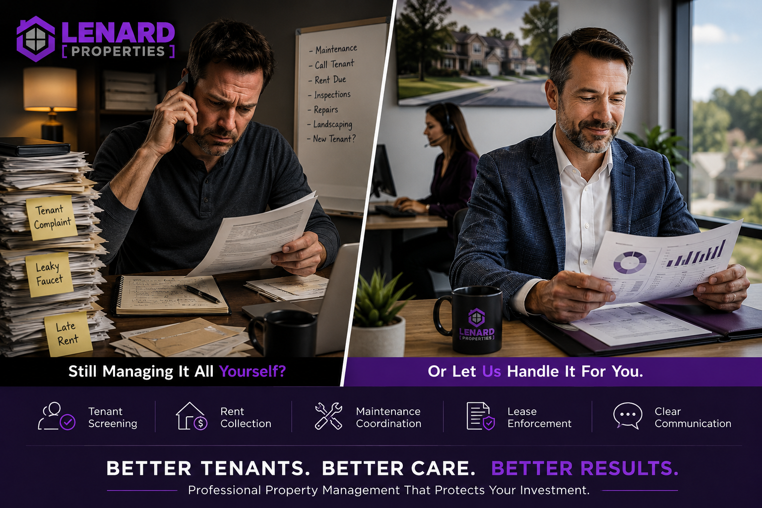 Stressed property owner managing tenant complaints, maintenance requests, and late rent on the left
