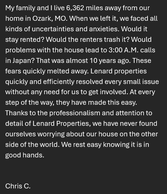 5-star Google review of Lenard Properties in Springfield, MO