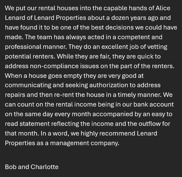 5-star Google review of Lenard Properties in Springfield, MO