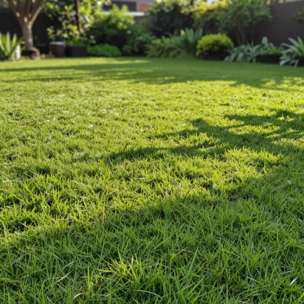 Sunlit green lawn in a landscaped backyard with blurred plants and garden beds in the background