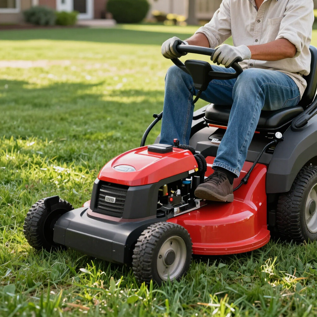 Red lawn mower on green grass, close-up of its wheels and deck