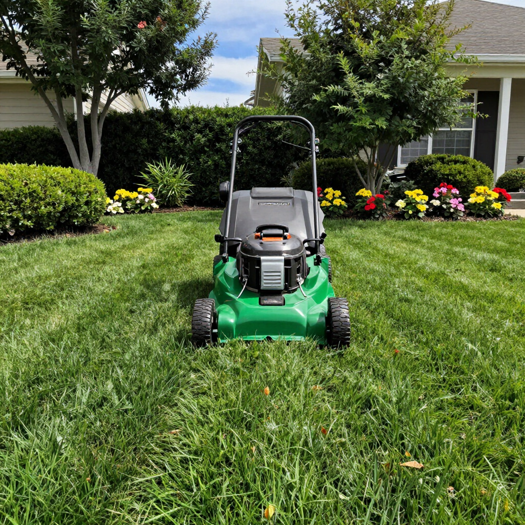Green lawn mower on a grassy front yard with a house and flowers in the background